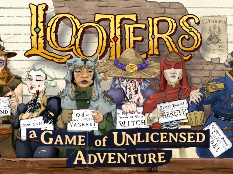 A lineup of criminals, each holding a sign with the crime they're accused of: Brigand, Thief, Vagrant, Witch, Heretic, Rebel.